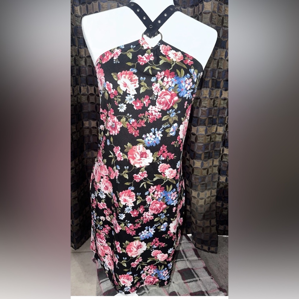 NEW WT Demi Loon Black Multi Color Floral Halter Dress Women’s XL Stretch